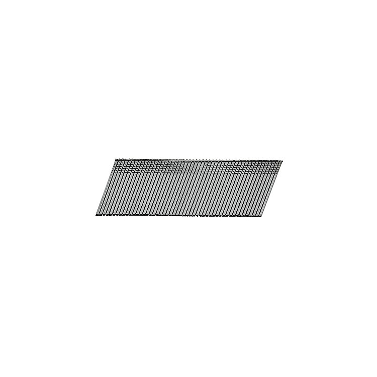 A strip of collated galvanised framing nails with angled tips, connected in a paper or plastic tape strip for use in a nail gun.