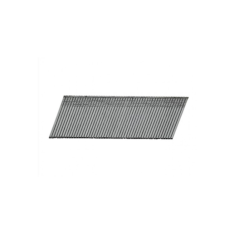 A stack of angled metal nails aligned in parallel, commonly used as collated nails for a nail gun, shown against a white background.