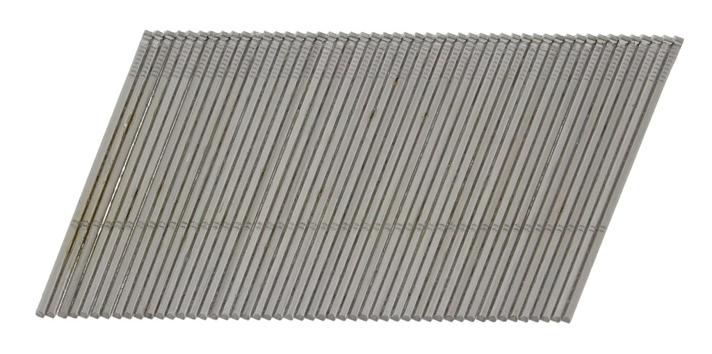 A strip of collated stainless steel framing nails with angled tips, connected in a paper or plastic tape strip for use in a nail gun.