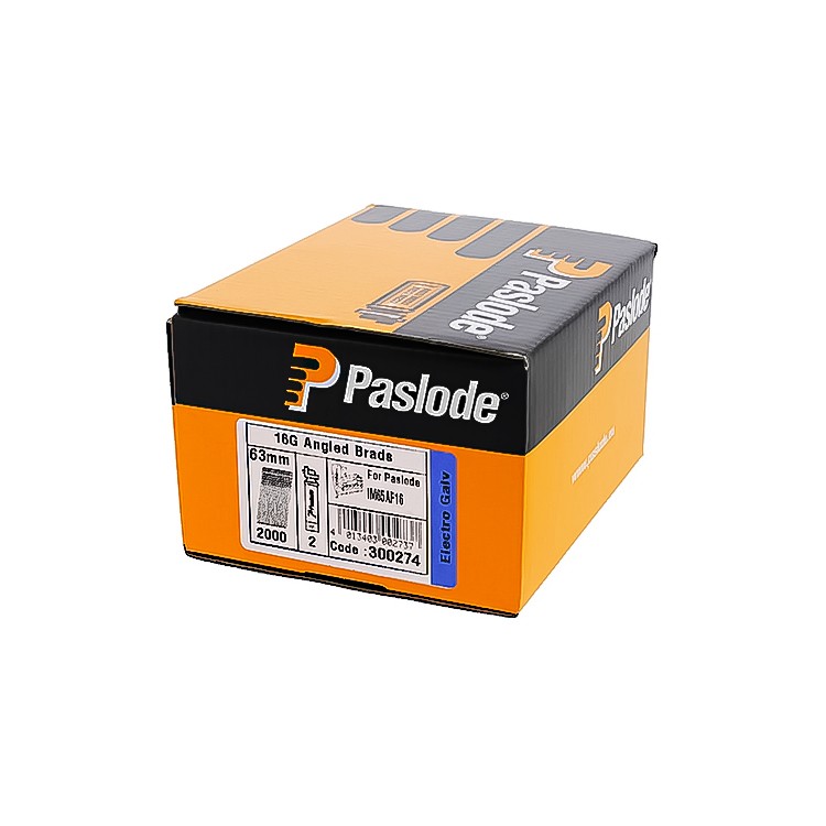 An orange and black Paslode box containing 63mm 18G angled brads, labeled for Paslode IM65A F16. The box displays product details, quantity, and a barcode on the front.