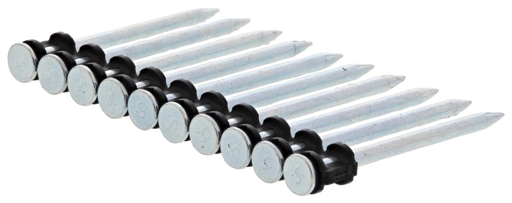 A row of ten silver nails with flat heads, connected by a black plastic strip, arranged diagonally on a white background.