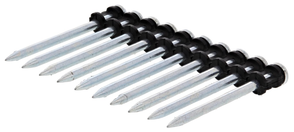 A row of nine silver metal nails connected by a black plastic strip, aligned in parallel with pointed tips facing forward.