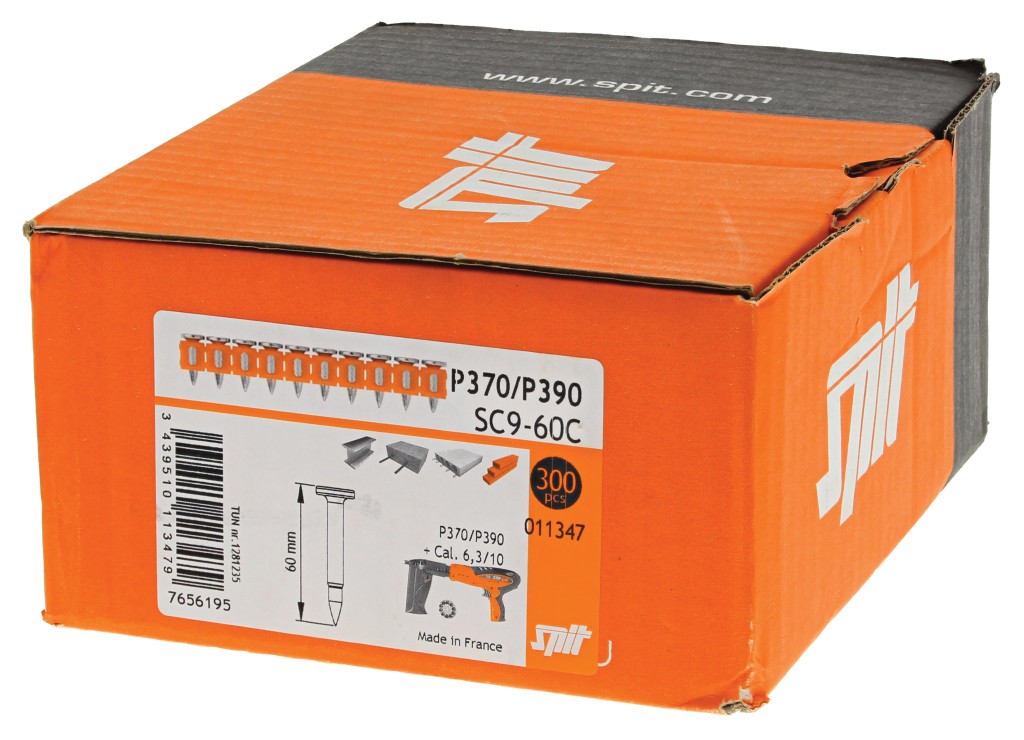Orange and brown box labeled SPIT containing 300 pieces of SC9-60C cartridges for P370/P390 tools. The label shows diagrams, cartridge color, and product specifications, including a barcode and Made in France.