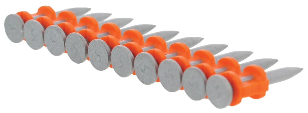 A row of ten metal nails connected by orange plastic strips, arranged diagonally with pointed ends facing right.