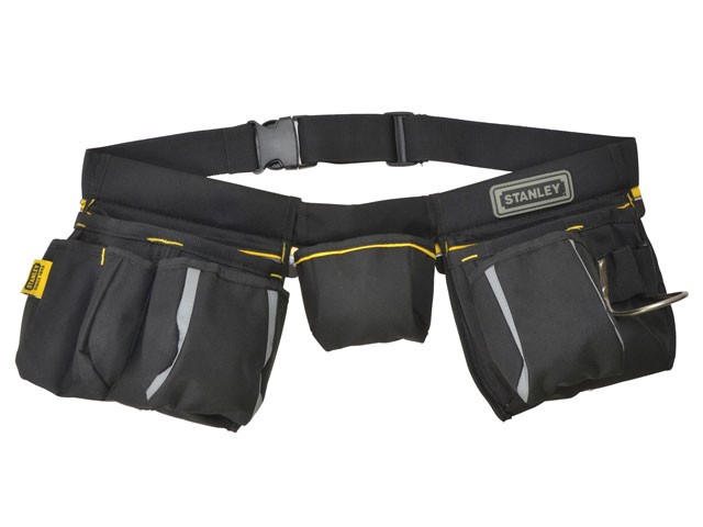 A black Stanley tool belt with multiple pouches and pockets, reinforced with yellow accents and reflective strips, designed for holding tools and accessories.