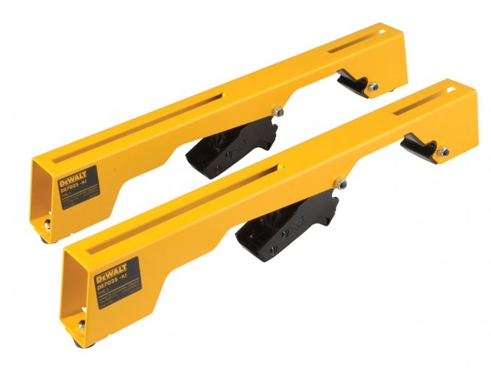 Two yellow DeWalt saw stand brackets with black latch mechanisms, placed parallel to each other on a white background.