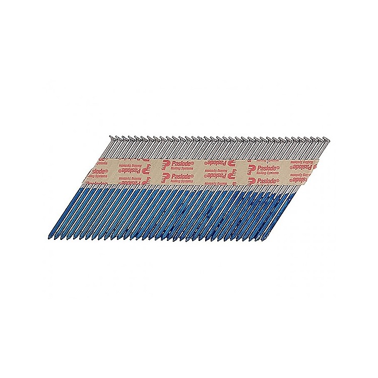 A strip of angled, collated framing nails with blue tips, held together by a paper strip labeled Paslode, arranged for use in a nail gun.