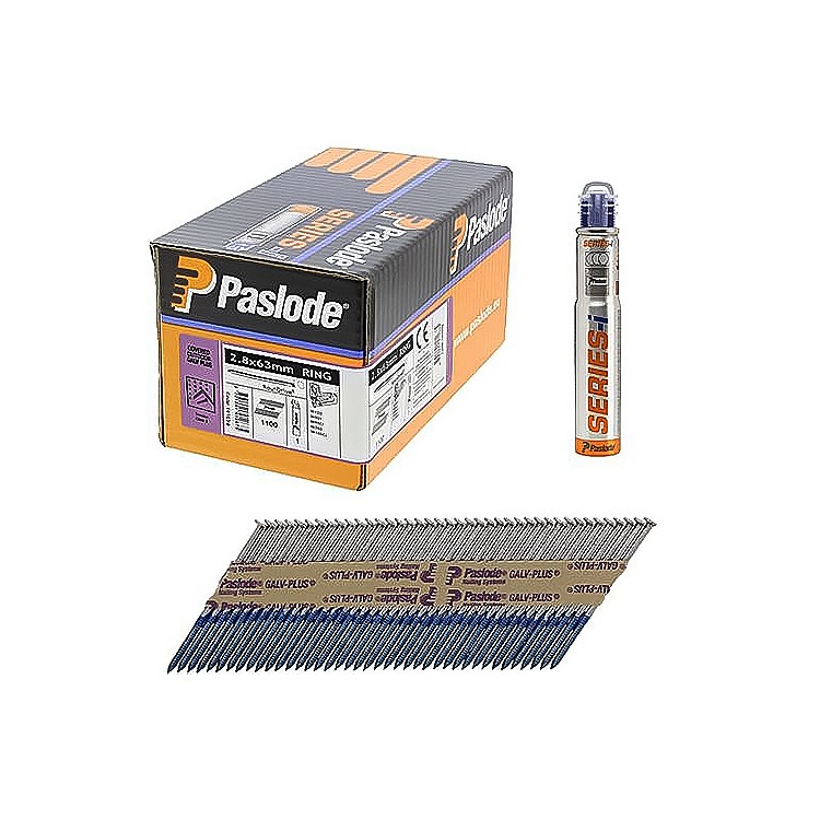 Paslode 360XI 141079 63mm x 2.8mm Galv Plus Ring Shank Nails - 1100 box c/w 1 Fuel Cell