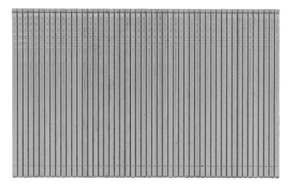 A strip of collated galvanised framing nails with angled tips, connected in a paper or plastic tape strip for use in a nail gun.