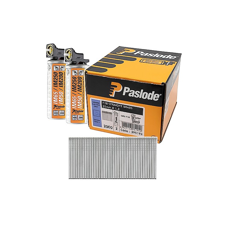 Paslode 395193 F18 25mm Electro Galv Straight Brads - 2000 Box c/w 2 Fuel Cells