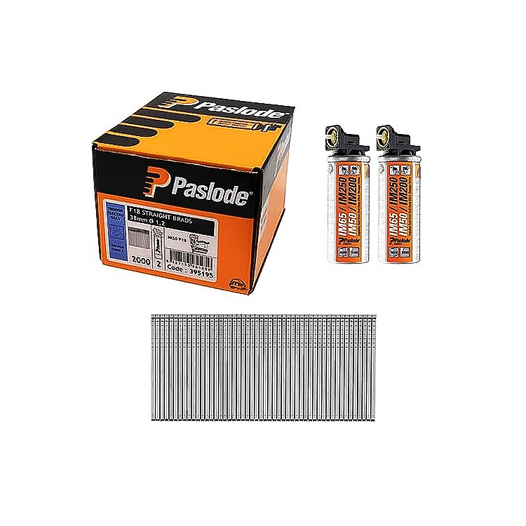 Paslode 395195 F18 38mm Electro Galv Straight Brads - 2000 Box c/w 2 Fuel Cells