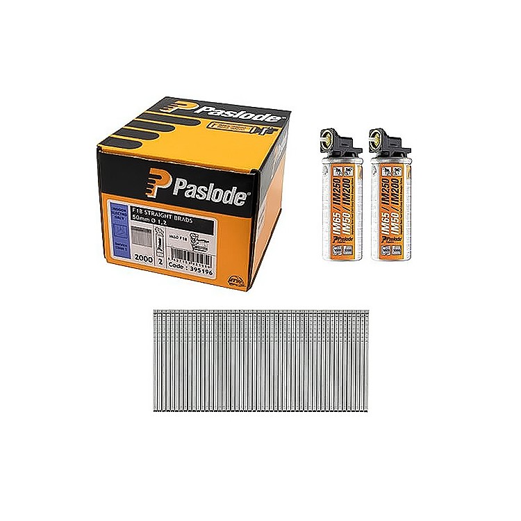 Paslode 395196 F18 50mm Electro Galv Straight Brads - 2000 Box c/w 2 Fuel Cells