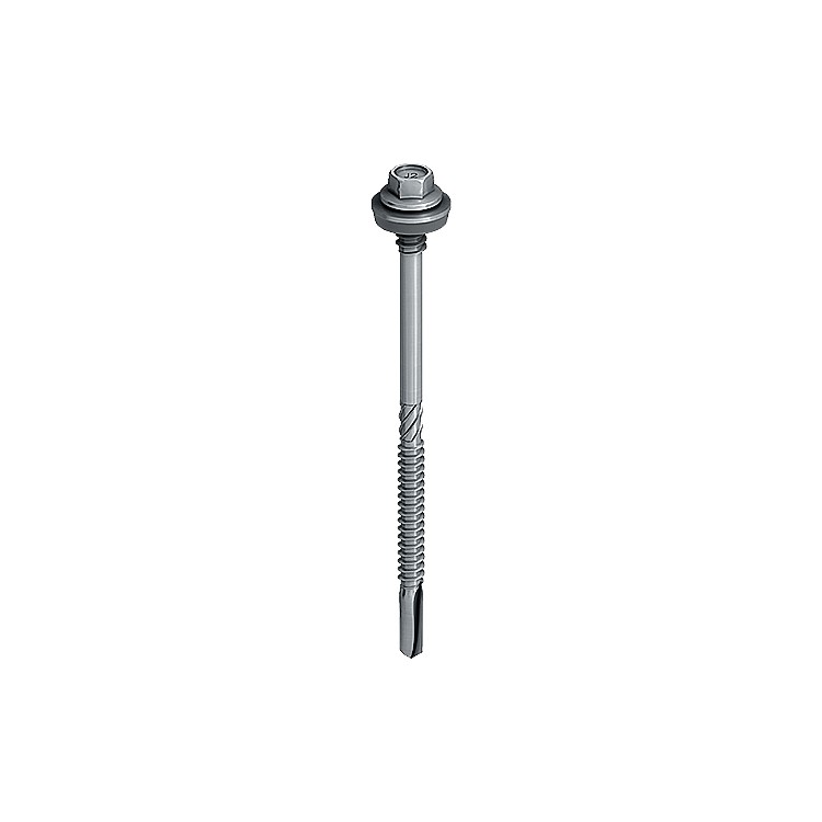 A single metal self-drilling screw with a hexagonal head, attached washer, and fluted drill tip, isolated on a white background.