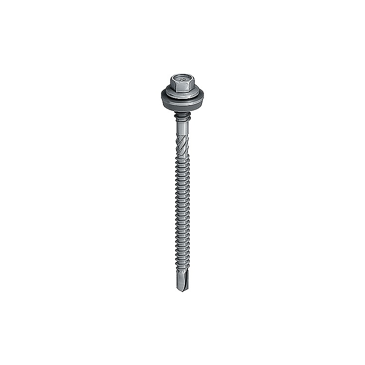 A carbon steel self-drilling screw with a sharp drill-point tip and spiral threads along the shaft, suitable for fixing into steel framing.