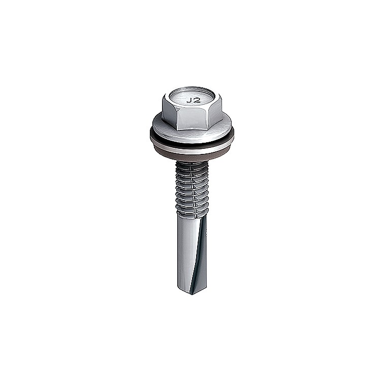 A steel self-drilling screw with a sharp drill-point tip and spiral threads along the shaft, suitable for fixing into steel framing.