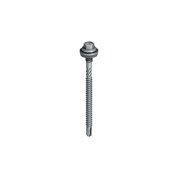 A steel self-drilling screw with a sharp drill-point tip and spiral threads along the shaft, suitable for fixing into steel framing.