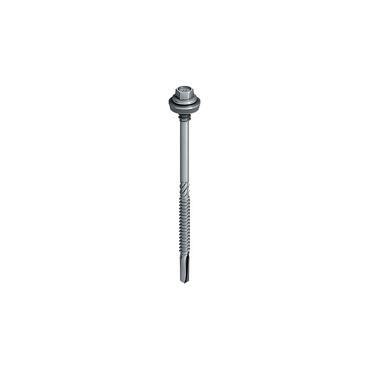 A steel self-drilling screw with a sharp drill-point tip and spiral threads along the shaft, suitable for fixing into steel framing.