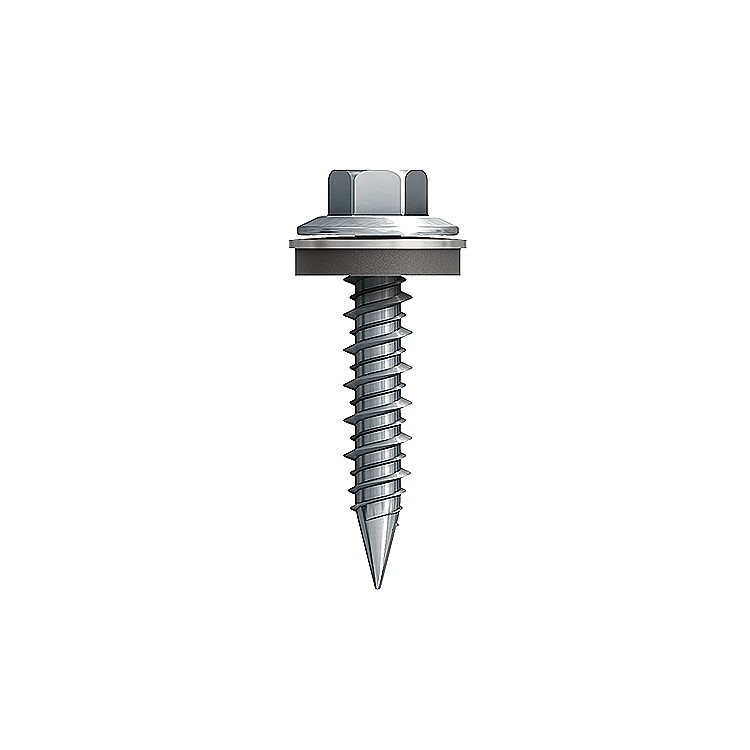 A steel self-drilling screw with a sharp drill-point tip and spiral threads along the shaft, suitable for fixing into steel framing.