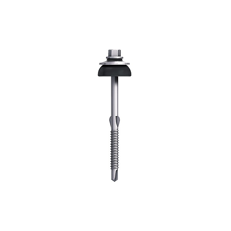 A steel self-drilling screw with a sharp drill-point tip and spiral threads along the shaft, suitable for fixing into steel framing.
