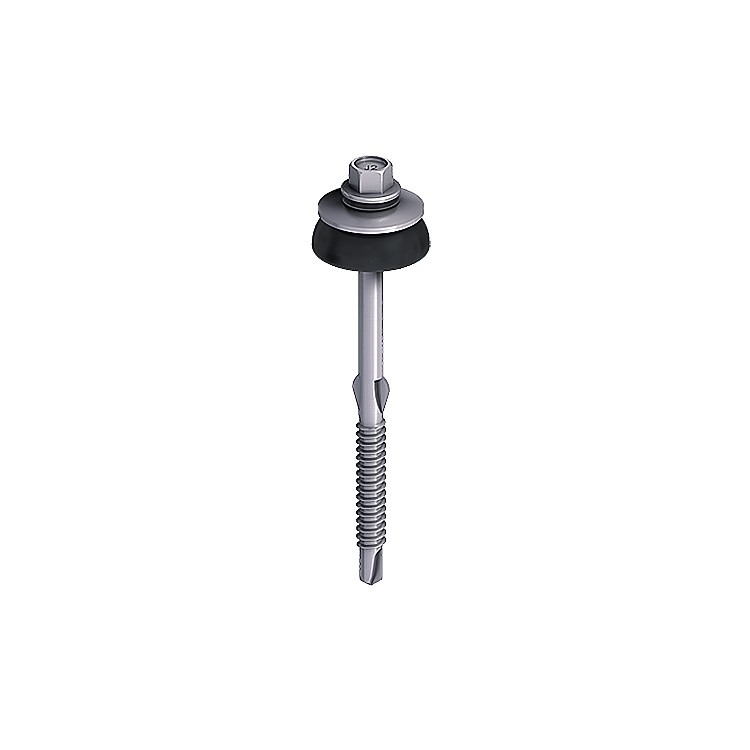 A close-up illustration of a metal hex head self-drilling screw with a washer and black rubber gasket, commonly used for fastening metal roofing. The screw has threaded and smooth sections.