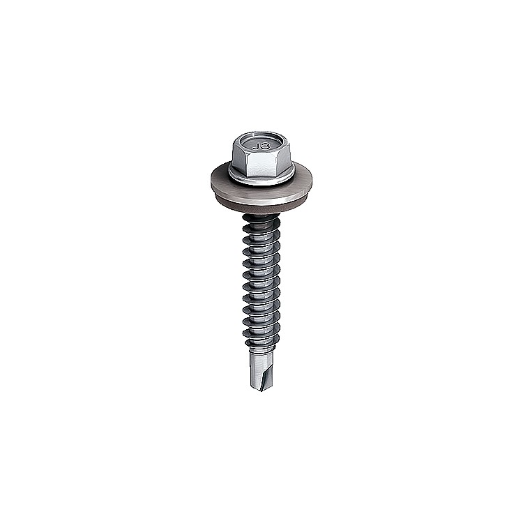 A single metal self-drilling screw with a hexagonal head, attached washer, and pointed tip, isolated on a white background.
