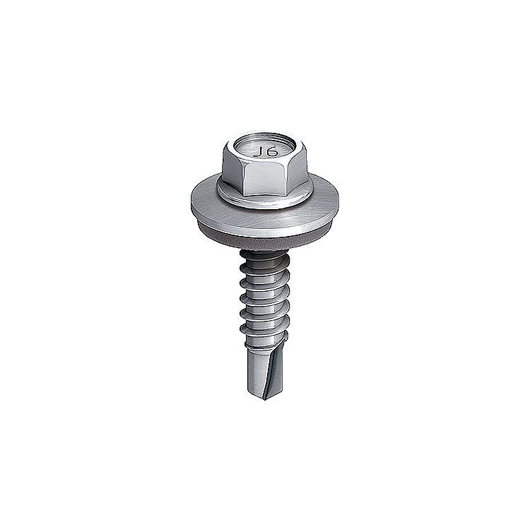 A silver hex washer head self-drilling screw with a built-in washer, shown on a white background. The screw has a sharp, drill-like tip and threads along the shaft.