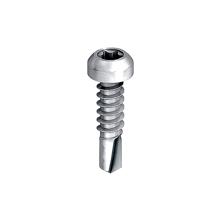 A stainless steel self-drilling screw with a sharp drill-point tip and spiral threads along the shaft, suitable for fixing into steel framing.