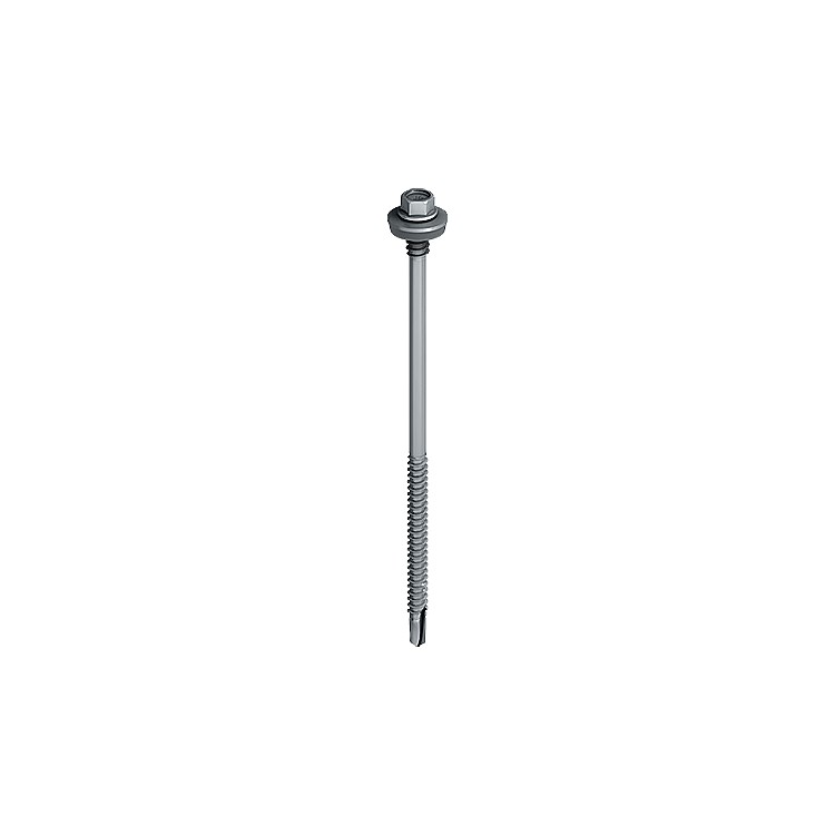 A single silver self-drilling screw with a hexagonal head, washer, and partially threaded shank, isolated on a white background.