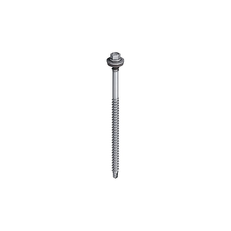 A single metal screw with a hexagonal head, washer, and pointed tip, designed for fastening materials such as metal or wood. The screw is silver and shown upright on a white background.