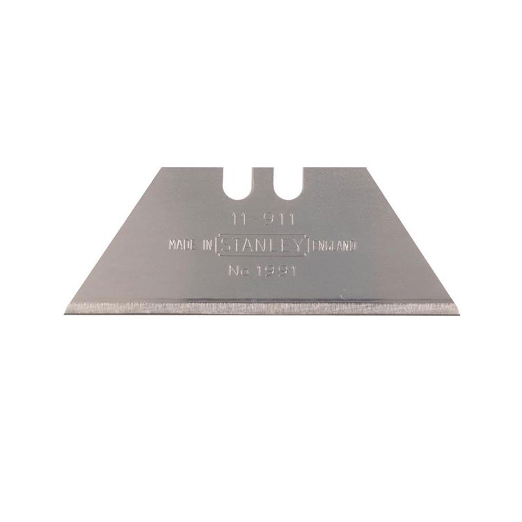 A single steel utility razor blade with a straight, sharp edge and two notches on top. The blade is marked with STANLEY and No. 1991.