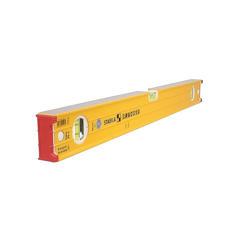 A Stabila 200cm spirit level with an extruded aluminium body and accurate vials, for checking horizontal and vertical alignment.