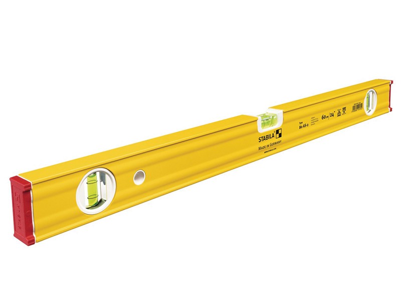 A Stabila 120cm spirit level with an extruded aluminium body and accurate vials, for checking horizontal and vertical alignment.