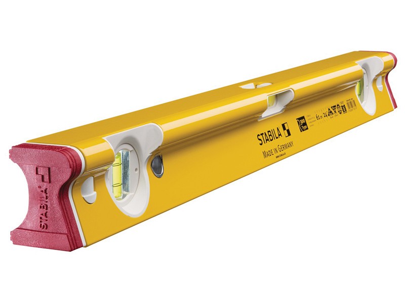 A yellow and red spirit level with two bubble vials, labeled STABILA and Made in Germany, is shown at an angle on a white background.