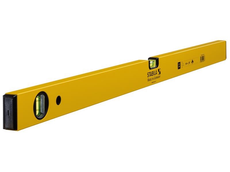 A Stabila 90cm spirit level with an extruded aluminium body and accurate vials, for checking horizontal and vertical alignment.