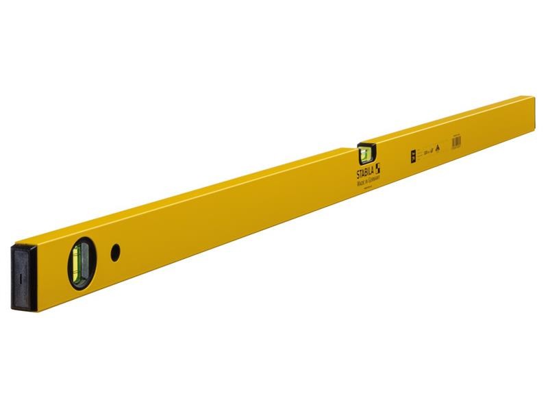 A Stabila 120cm spirit level with an extruded aluminium body and accurate vials, for checking horizontal and vertical alignment.
