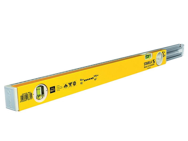 A Stabila 127cm spirit level with an extruded aluminium body and accurate vials, for checking horizontal and vertical alignment.