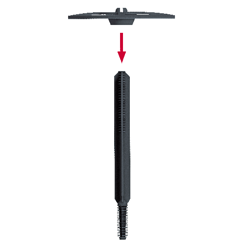 A black razor head is positioned above a black razor handle with a red downward arrow between them, indicating assembly. The background is light gray.