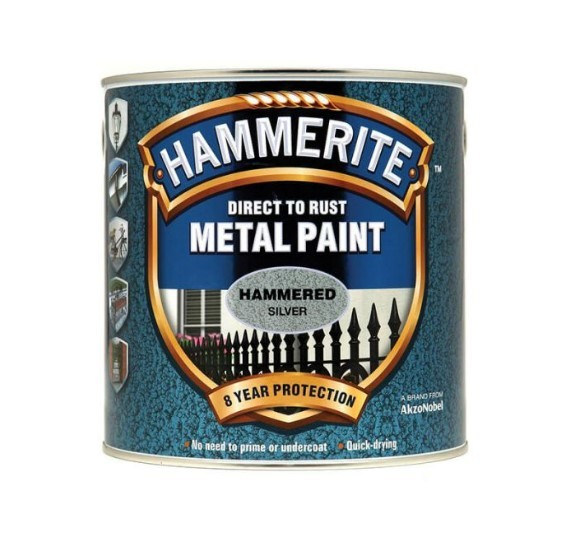 A 250ml tin of Hammerite direct-to-rust hammered-finish metal paint in silver, with a textured decorative surface and built-in rust inhibitor, requiring no primer.