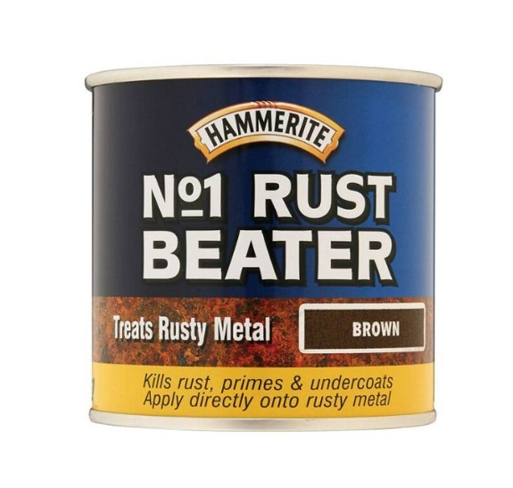 A can of Hammerite No. 1 Rust Beater in brown. The label reads, Treats Rusty Metal, Kills rust, primes & undercoats, and Apply directly onto rusty metal.