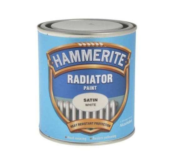 A 500ml tin of Hammerite satin-finish metal paint in white, for protecting and decorating metal surfaces.