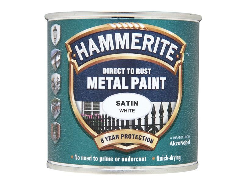 A 750ml tin of Hammerite satin-finish metal paint in white, for protecting and decorating metal surfaces.