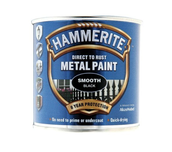 A 750ml tin of Hammerite smooth-finish metal paint in black, for protecting and decorating metal surfaces.