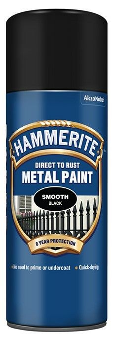 A 400ml tin of Hammerite smooth-finish metal paint in black, for protecting and decorating metal surfaces.