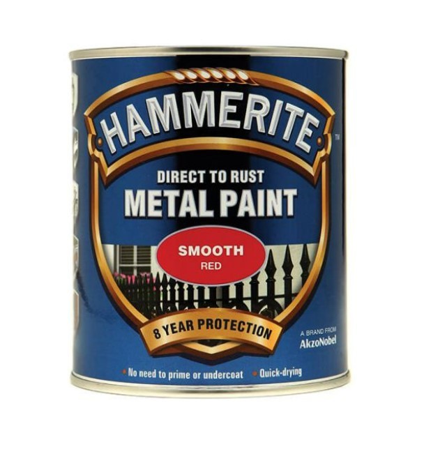 A 750ml tin of Hammerite smooth-finish metal paint in red, for protecting and decorating metal surfaces.