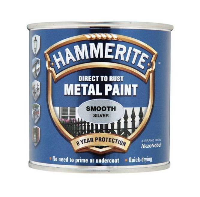 A 750ml tin of Hammerite smooth-finish metal paint in silver, for protecting and decorating metal surfaces.