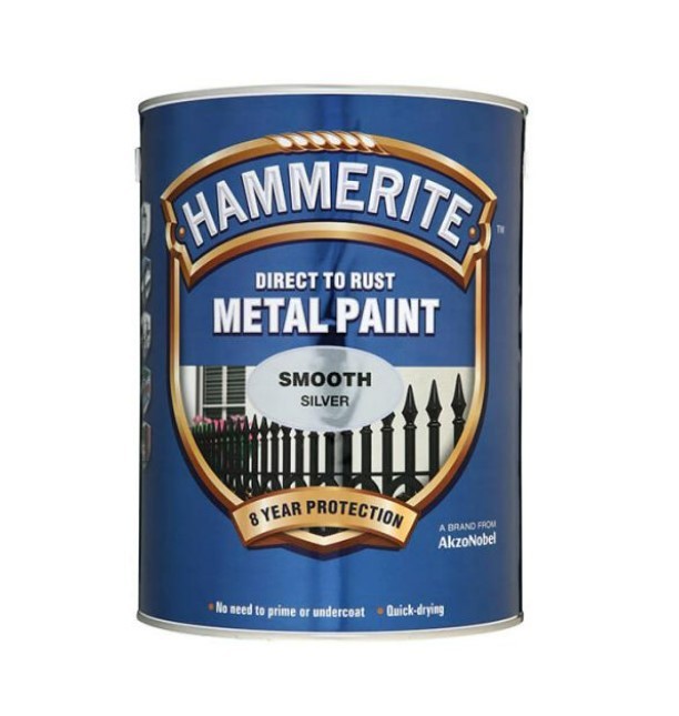 A 5l tin of Hammerite smooth-finish metal paint in silver, for protecting and decorating metal surfaces.