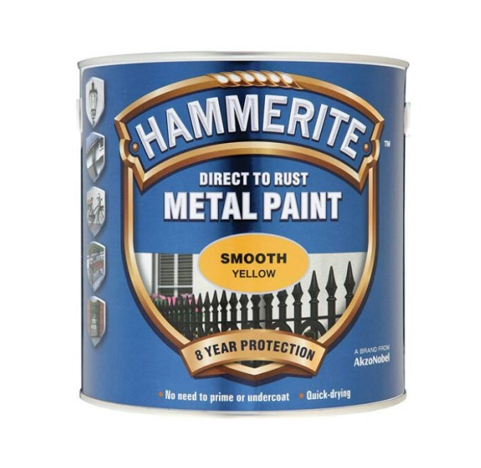 A 25l tin of Hammerite smooth-finish metal paint in yellow, for protecting and decorating metal surfaces.