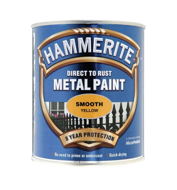 A 750ml tin of Hammerite smooth-finish metal paint in yellow, for protecting and decorating metal surfaces.