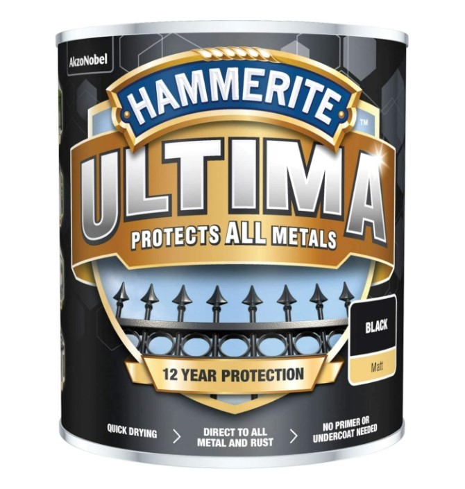 A 750ml tin of Hammerite smooth-finish metal paint in black, for protecting and decorating metal surfaces.
