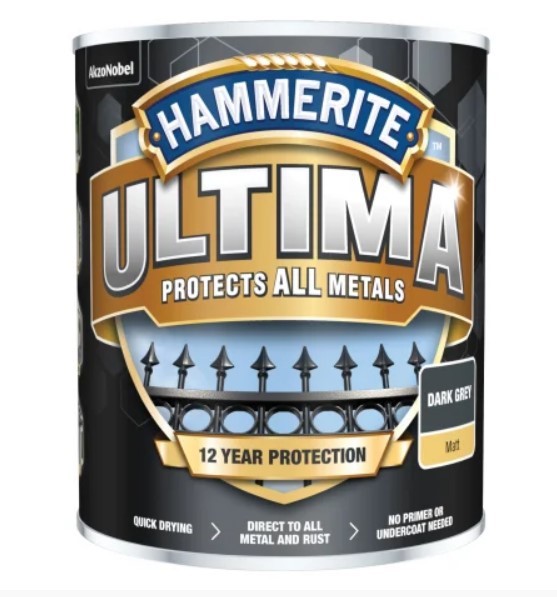 A 750ml tin of Hammerite smooth-finish metal paint in grey, for protecting and decorating metal surfaces.